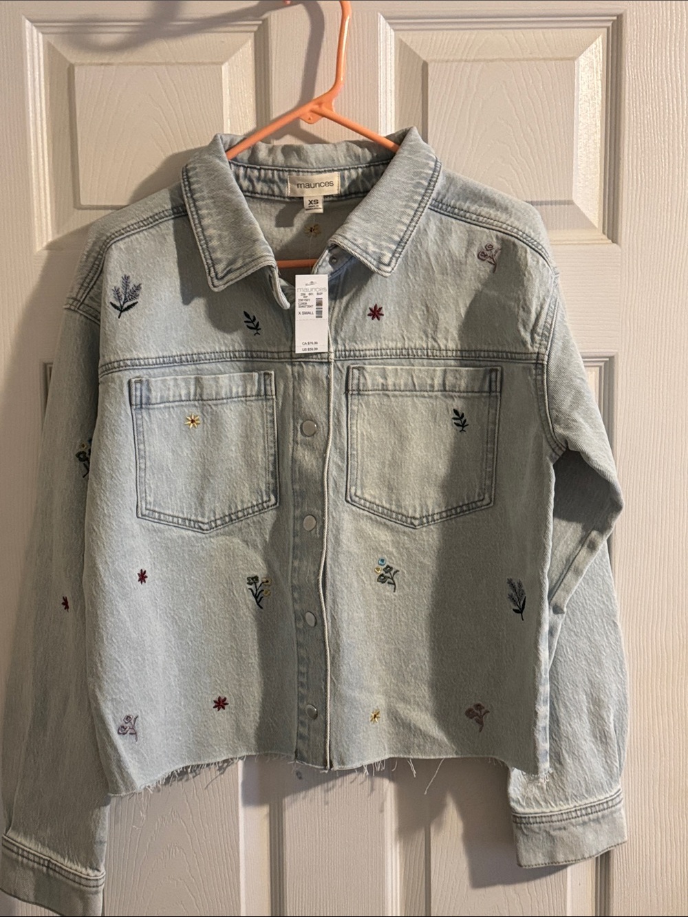Maurices Pale Blue Embroidered Denim Jacket with Floral Accents